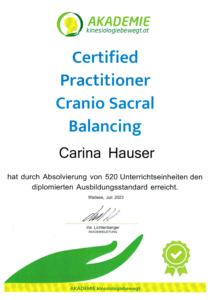 Zertifikat - Certified Practitioner Cranio Sacral Balancing